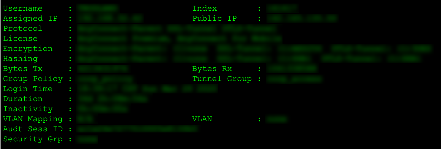 Output from the command show vpn-sessiondb anyconnect on a Cisco ASA firewall